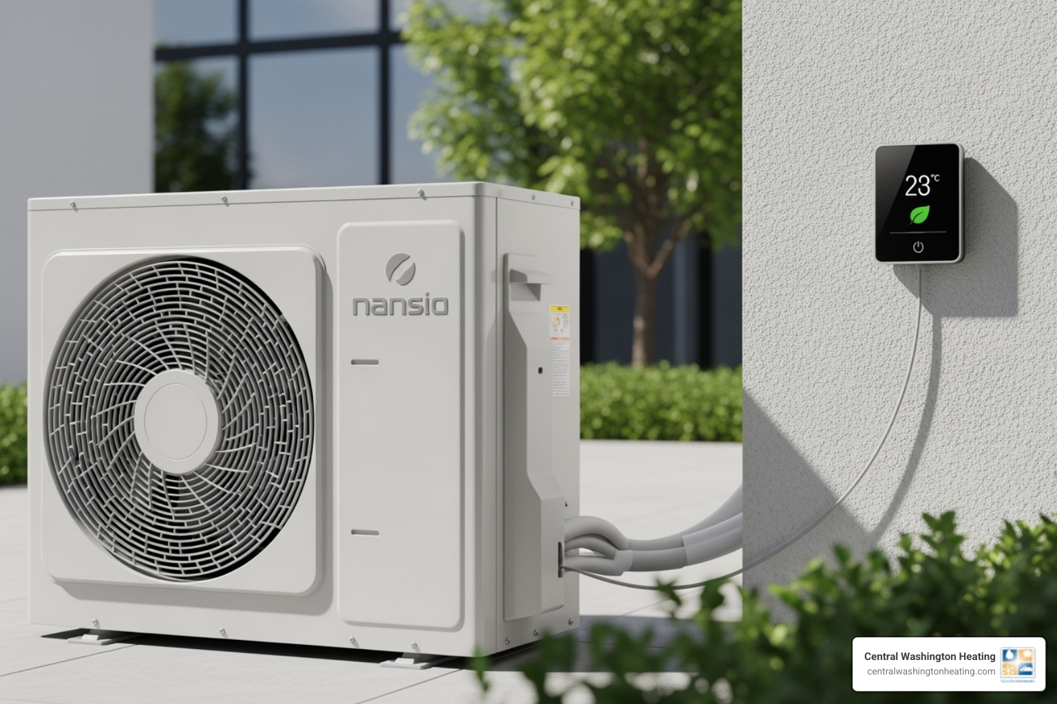 A modern, high-efficiency AC unit next to a smart thermostat, symbolizing advanced technology and energy savings - AC unit replacement