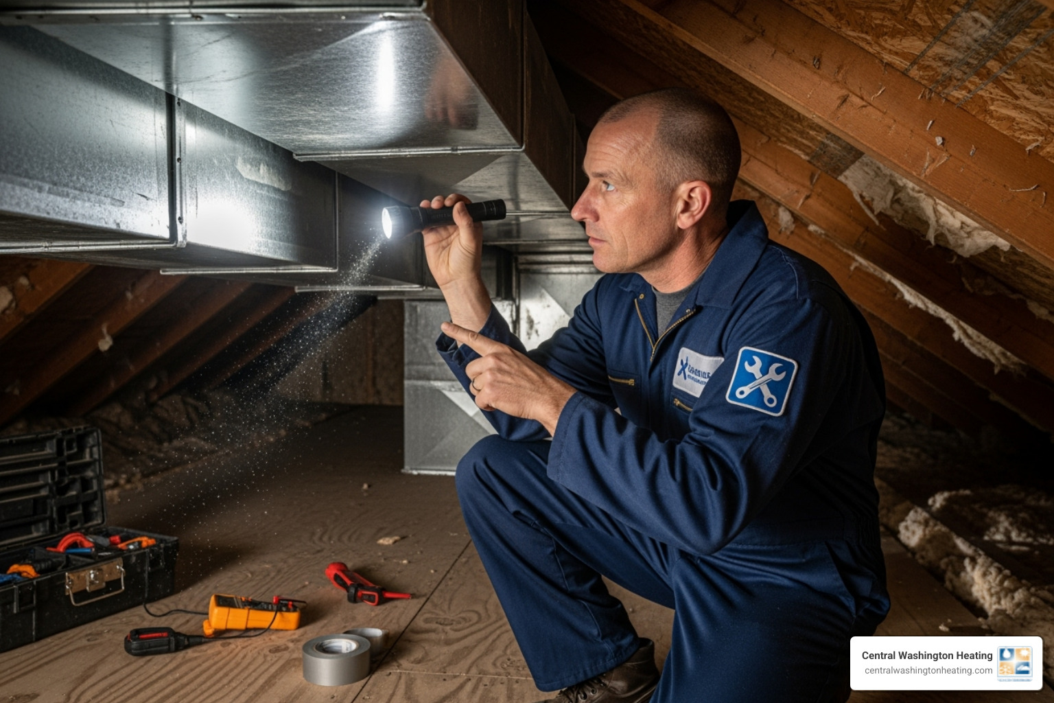 A professional HVAC technician inspecting ductwork in an attic, highlighting the importance of system integration - AC unit replacement