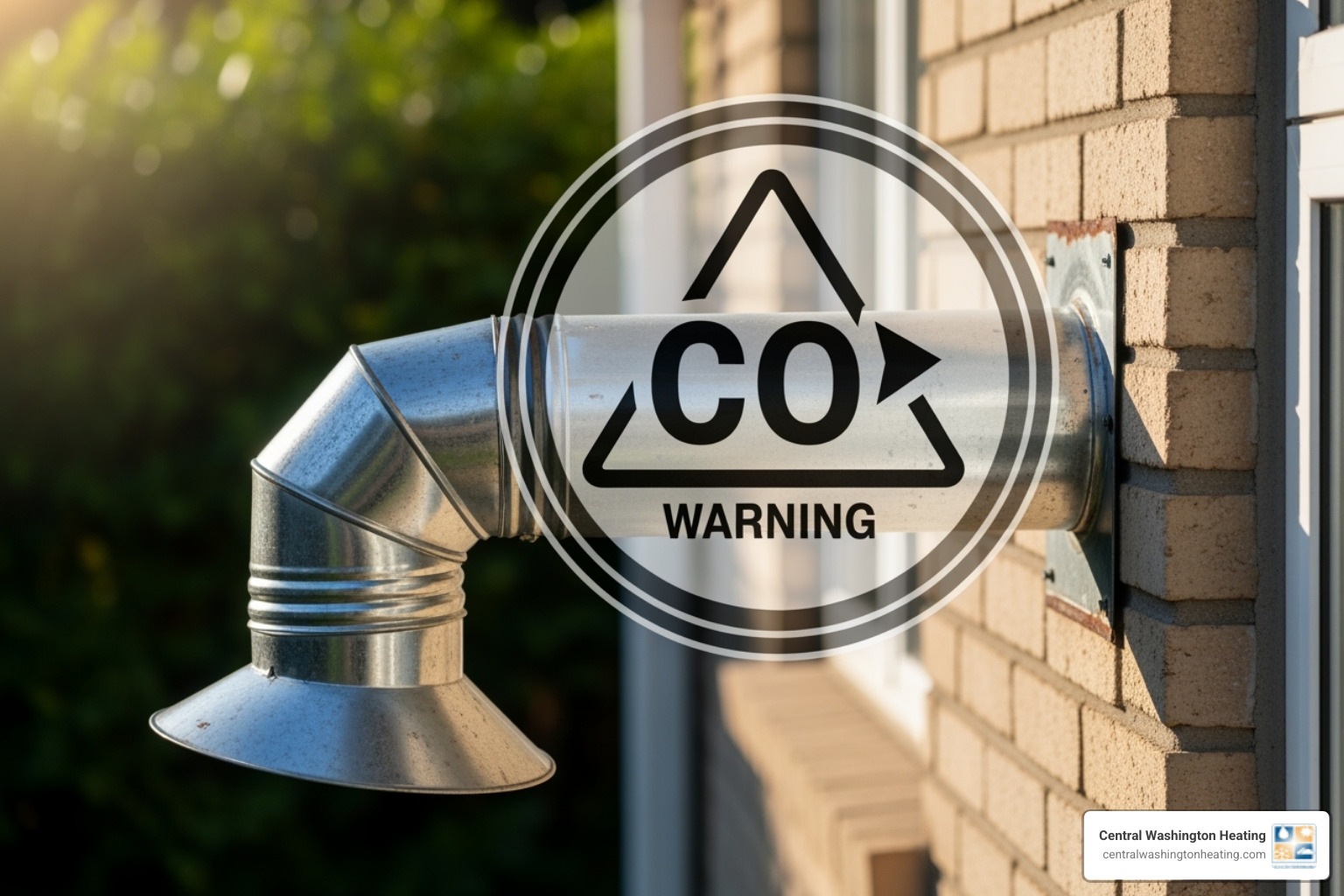 Image of an outdoor furnace vent pipe with a CO warning symbol overlay - Furnace pressure switch repair Image of an outdoor furnace vent pipe with a CO warning symbol overlay - Furnace pressure switch repair