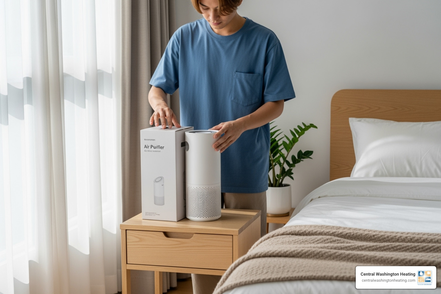 A person unboxing a portable air purifier and preparing it for use in a clean, bright bedroom setting. - air purifier installation