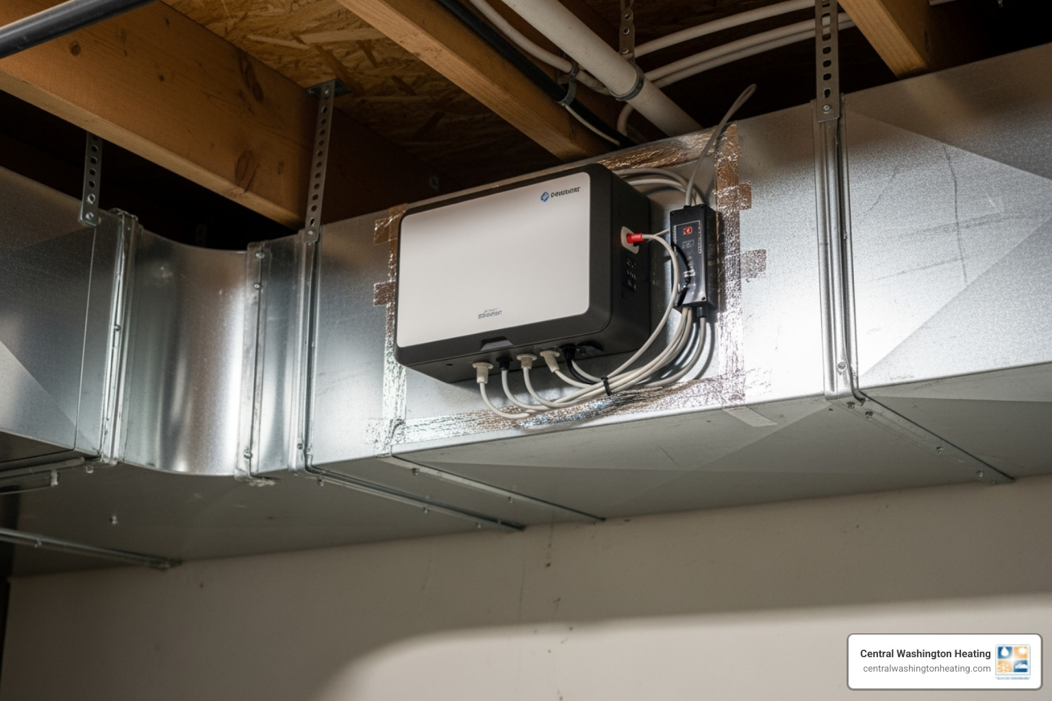 A whole-home air purifier is expertly installed into the supply plenum of an HVAC system's ductwork, with visible connections and professional installation. - air purifier installation