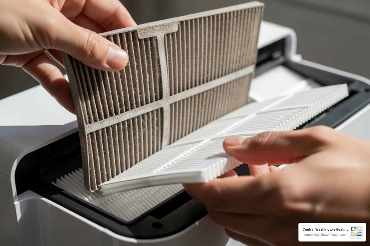 A person's hands are shown replacing a dirty, pleated air filter with a new, clean one in an air purification unit. - air purifier installation