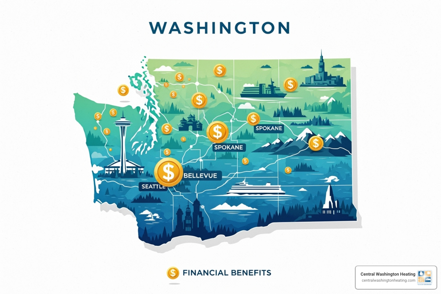 map of Washington state with dollar signs - Heat pump incentive programs map of Washington state with dollar signs - Heat pump incentive programs