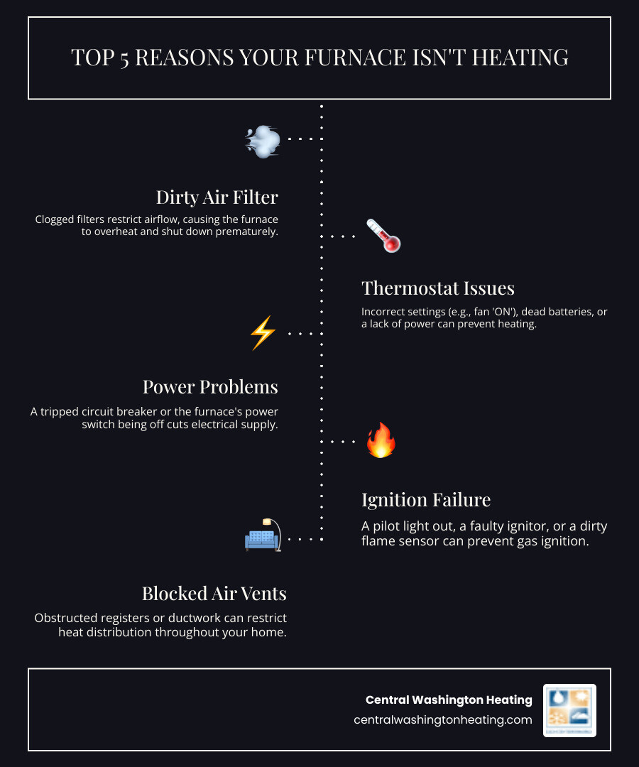 Infographic showing the top 5 reasons furnaces stop heating: dirty air filter causing overheating, thermostat set incorrectly or without power, tripped circuit breaker cutting electrical supply, pilot light extinguished or ignition failure, and blocked air vents restricting airflow - Furnace not heating infographic infographic-line-5-steps-dark Infographic showing the top 5 reasons furnaces stop heating: dirty air filter causing overheating, thermostat set incorrectly or without power, tripped circuit breaker cutting electrical supply, pilot light extinguished or ignition failure, and blocked air vents restricting airflow - Furnace not heating infographic infographic-line-5-steps-dark
