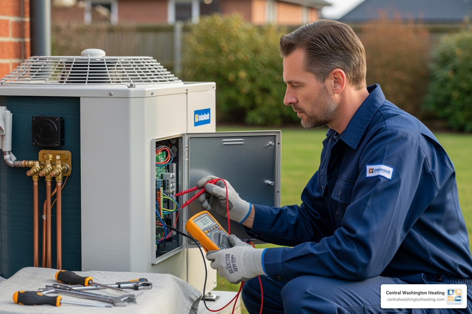 technician inspecting an outdoor heat pump unit - Heat pump annual service technician inspecting an outdoor heat pump unit - Heat pump annual service