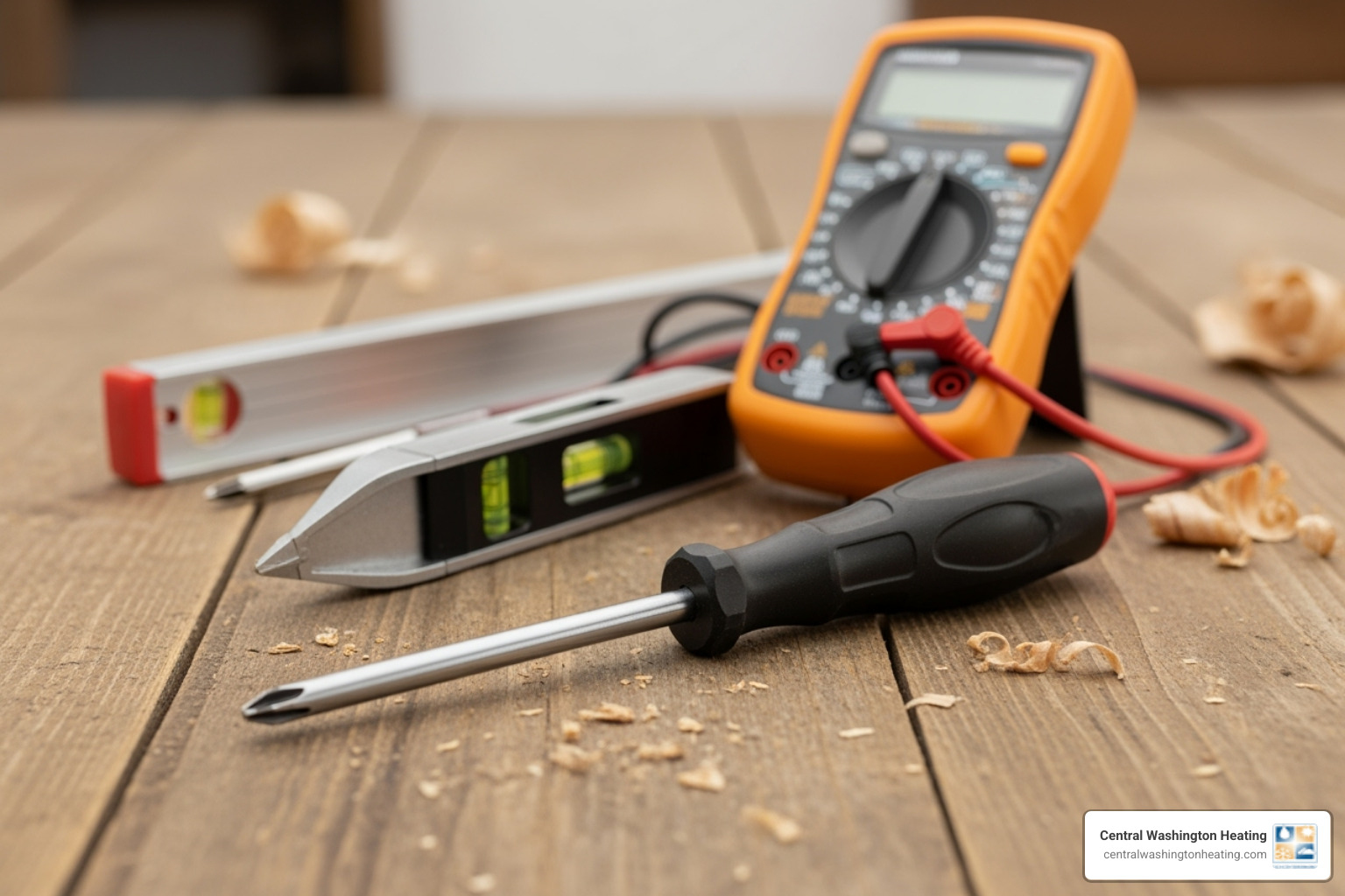 A homeowner's toolkit featuring a screwdriver, a small torpedo level, and a multimeter on a workbench, ready for DIY repairs. - AC thermostat repair