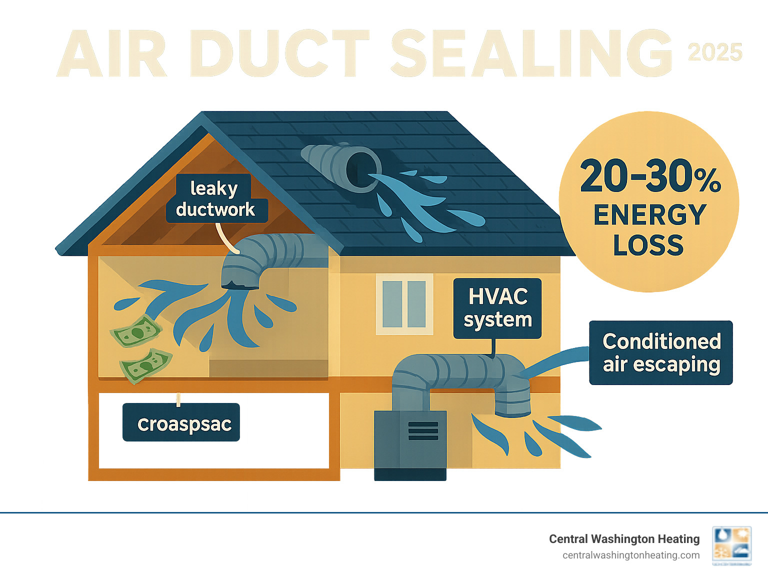 Detailed infographic showing cross-section of home with leaky ductwork in attic and crawlspace, arrows indicating conditioned air escaping through gaps and holes while HVAC system works overtime, with callouts showing 20-30% energy loss statistics and money literally flowing out through duct leaks - Air duct sealing infographic Detailed infographic showing cross-section of home with leaky ductwork in attic and crawlspace, arrows indicating conditioned air escaping through gaps and holes while HVAC system works overtime, with callouts showing 20-30% energy loss statistics and money literally flowing out through duct leaks - Air duct sealing infographic