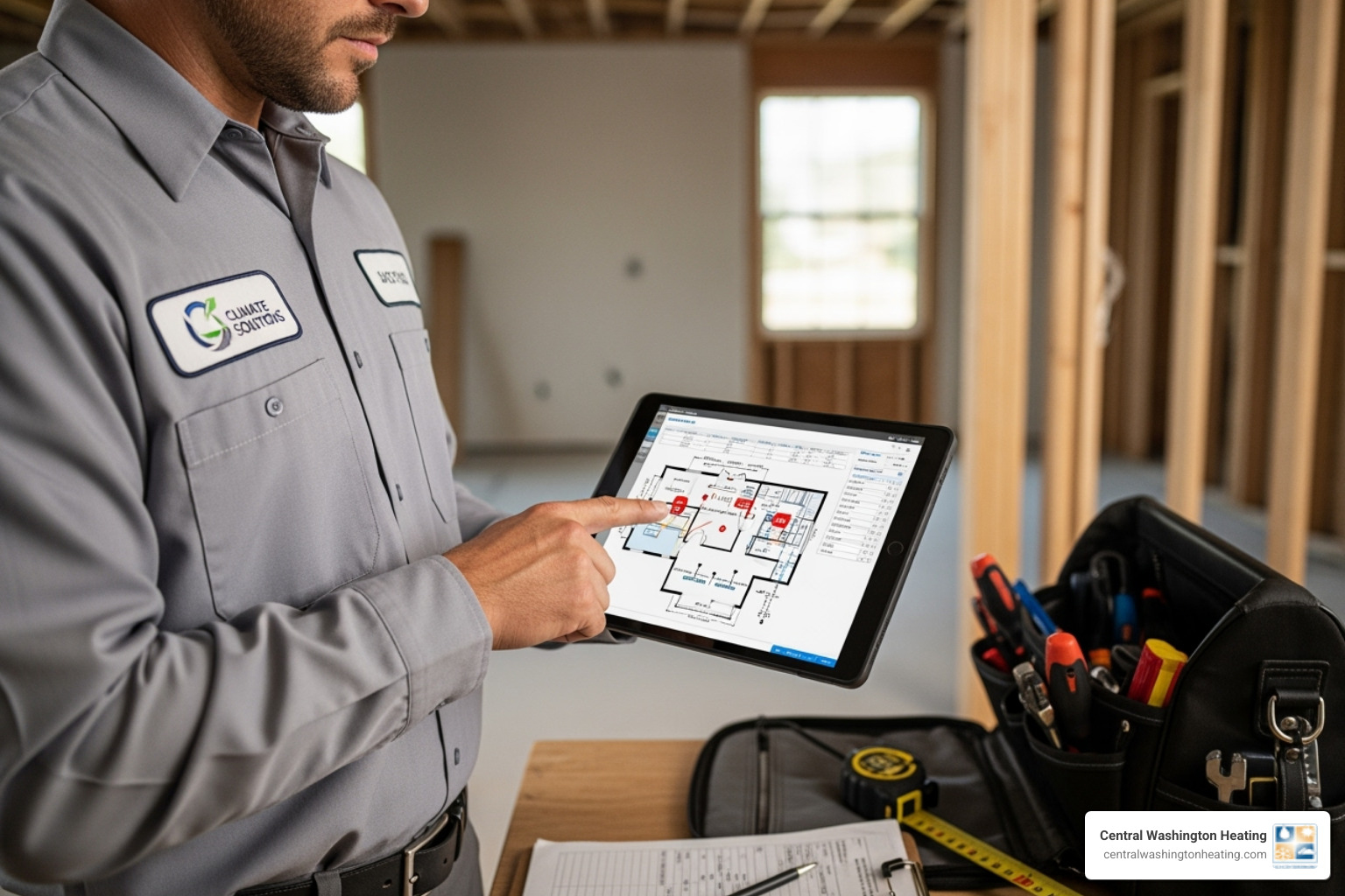 Technician performing a Manual J load calculation on a tablet - Fast AC installation