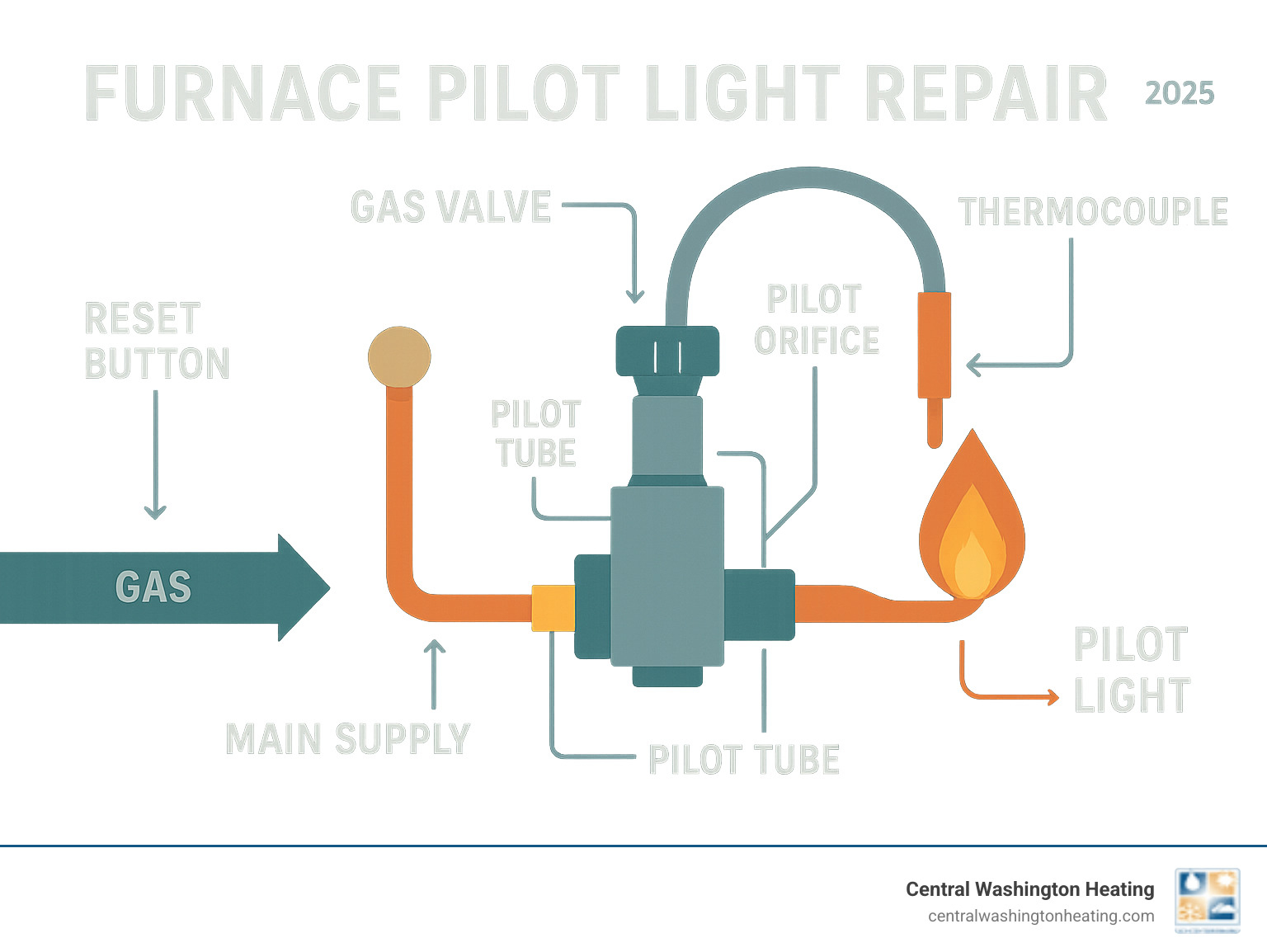 Infographic showing pilot light system components including pilot tube delivering gas to small flame, thermocouple sensor detecting flame heat, gas valve controlling gas flow, and reset button for manual ignition, with arrows showing how gas flows from main supply through valve to pilot orifice where it ignites - Furnace pilot light repair infographic 