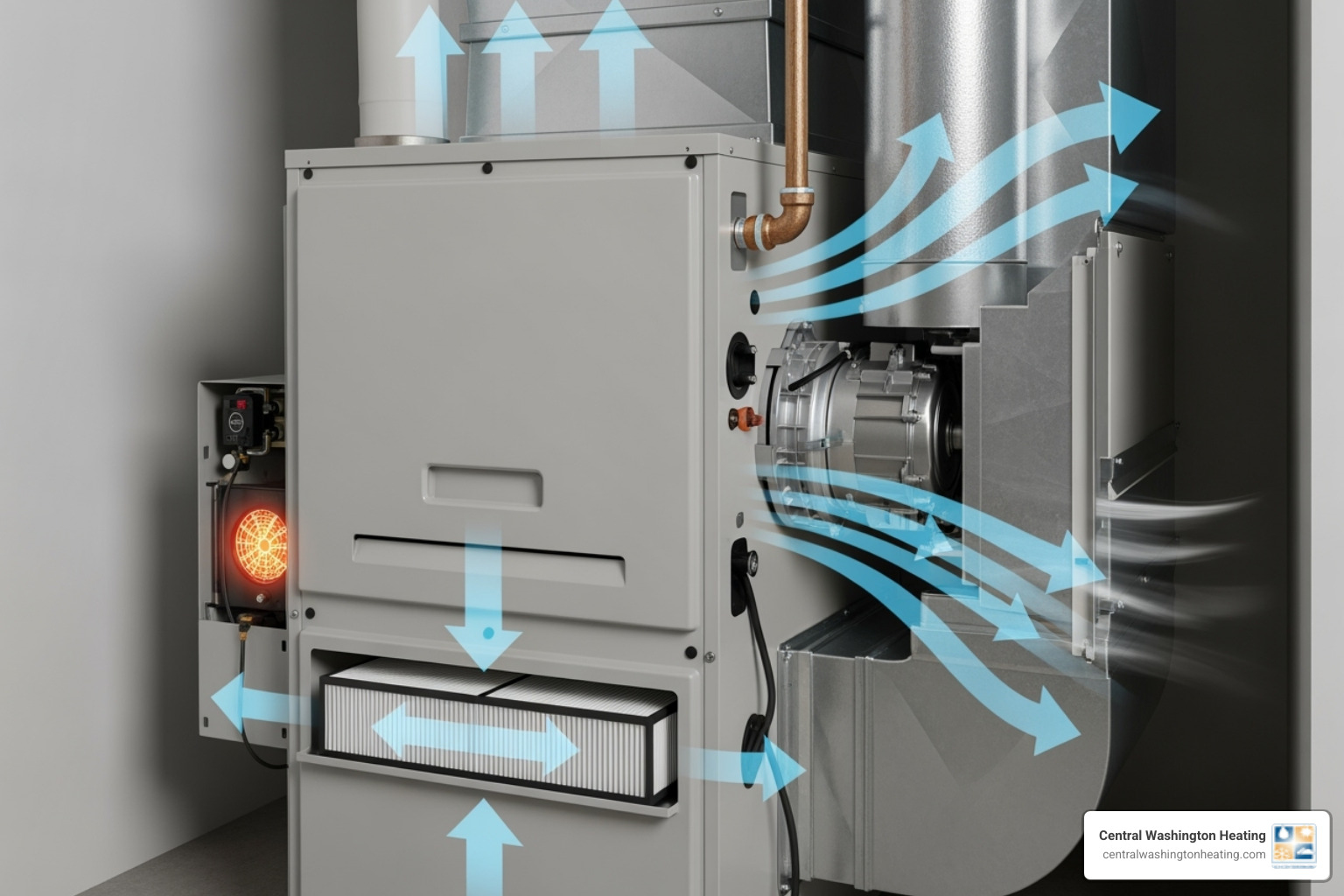modern HVAC system with arrows showing air filtration - residential air quality modern HVAC system with arrows showing air filtration - residential air quality