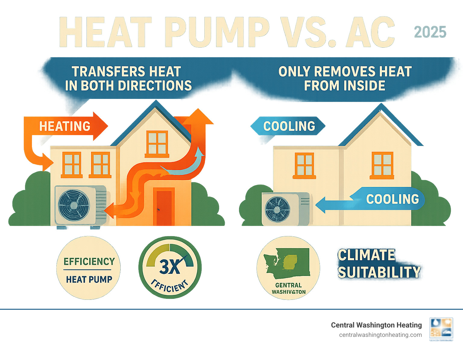 Detailed comparison infographic showing heat pump transferring heat in both directions versus air conditioner only removing heat from inside, with efficiency ratings and climate suitability indicators for Central Washington - Heat pump vs AC infographic 
