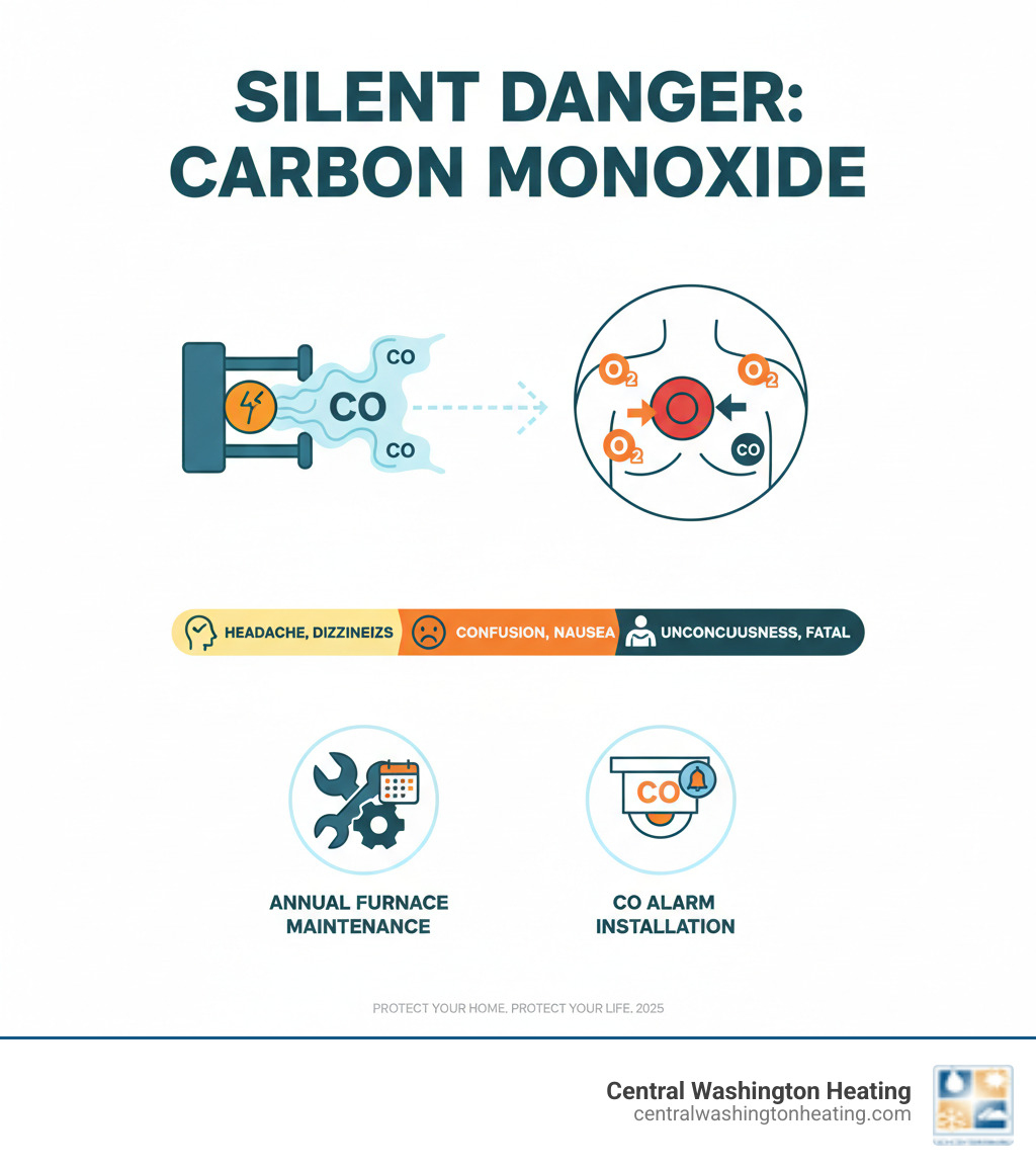 Infographic showing how carbon monoxide from a malfunctioning furnace enters the bloodstream and displaces oxygen, causing symptoms from headaches to unconsciousness, with prevention steps including annual furnace maintenance and CO detector installation - Furnace carbon monoxide infographic 