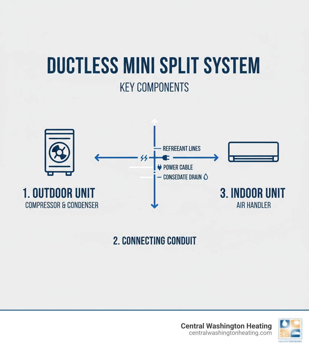 Infographic showing the three main components of a ductless mini split system: outdoor compressor/condenser unit, indoor air-handling unit mounted on wall, and connecting conduit containing refrigerant lines, power cable, and condensate drain - Ductless mini split infographic 