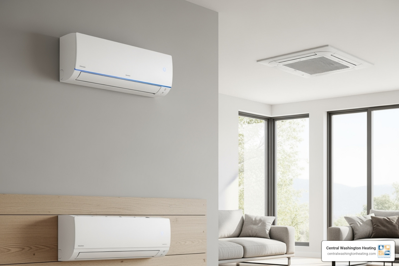 Image showing different types of indoor units like wall-mounted, ceiling cassette, and floor-mounted - Ductless mini split