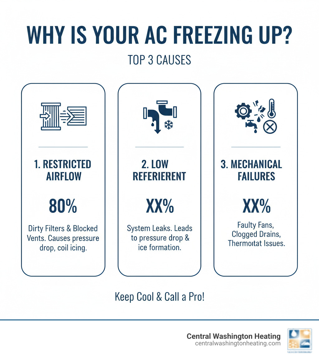 infographic showing the top 3 causes of AC freezing up: restricted airflow from dirty filters and blocked vents accounting for 80% of cases, low refrigerant from system leaks causing pressure drops and ice formation, and mechanical failures including faulty fans, clogged drains, and thermostat issues - AC freezing up infographic 