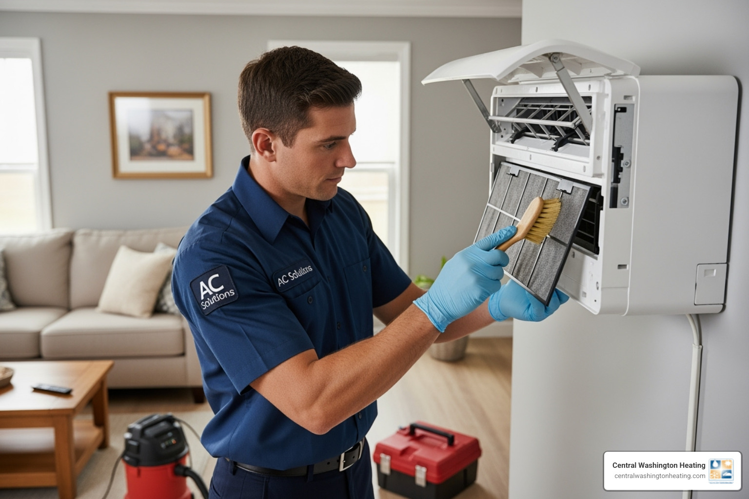 Professional technician cleaning an indoor ductless AC unit's filter - Ductless AC unit