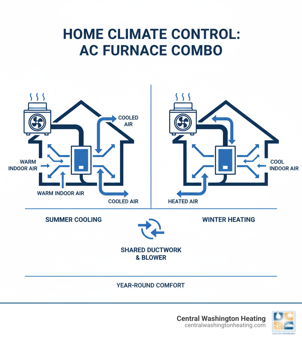 Infographic showing how an AC furnace combo system works with an outdoor air conditioning unit connected to an indoor furnace unit, both sharing the same ductwork system to distribute heated and cooled air throughout a home, with arrows indicating airflow patterns for both heating and cooling modes - AC furnace combo infographic 