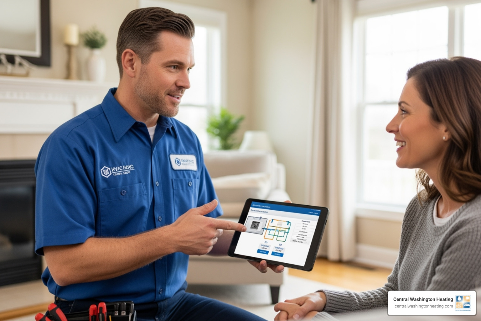 Technician discusses system options with homeowner - AC furnace combo