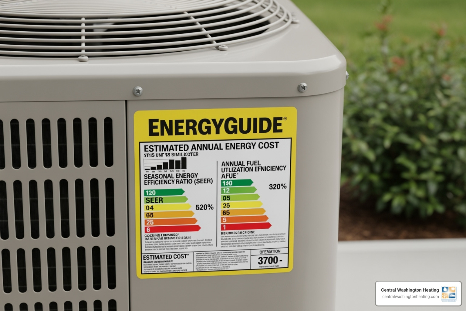 Energy Guide label on an HVAC unit highlighting SEER and AFUE ratings - AC furnace combo