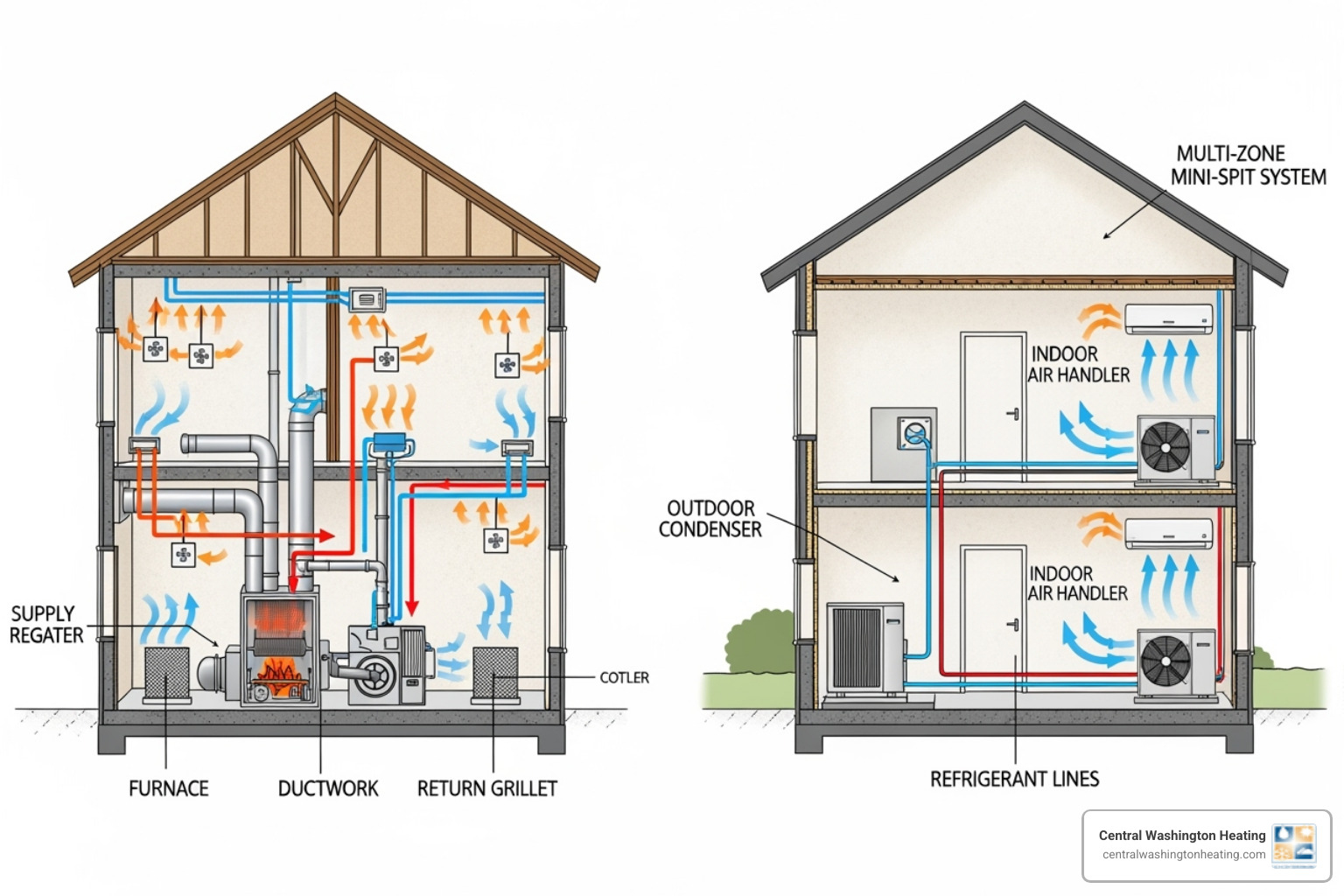 Diagram showing a ducted system versus a multi-zone ductless mini-split system - Best heat pump brands Diagram showing a ducted system versus a multi-zone ductless mini-split system - Best heat pump brands