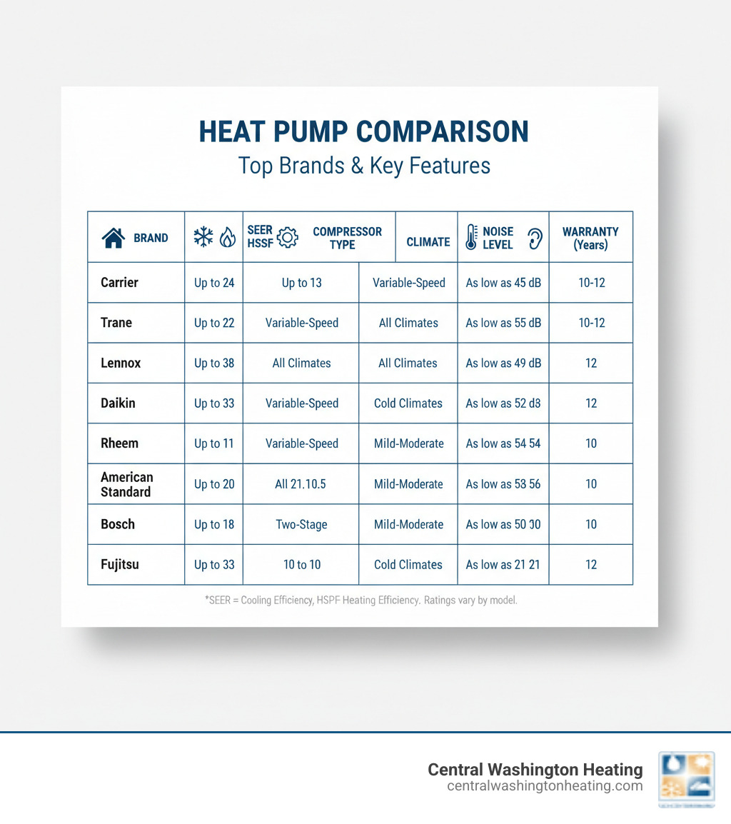 Comprehensive comparison chart showing top heat pump brands with their key features including SEER ratings, HSPF ratings, compressor types, climate performance ratings, noise levels, and warranty coverage - Best heat pump brands infographic Comprehensive comparison chart showing top heat pump brands with their key features including SEER ratings, HSPF ratings, compressor types, climate performance ratings, noise levels, and warranty coverage - Best heat pump brands infographic