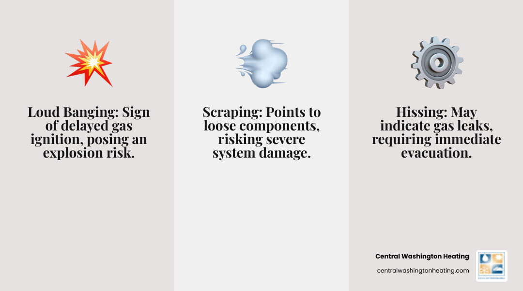 Infographic showing the top 3 most dangerous furnace sounds homeowners should never ignore: Loud Banging indicating delayed gas ignition and potential explosion risk, Hissing suggesting possible gas leaks requiring immediate evacuation, and Metal Scraping sounds meaning loose components that could damage the entire system if not addressed immediately - Furnace making noise infographic 3_facts_emoji_grey Infographic showing the top 3 most dangerous furnace sounds homeowners should never ignore: Loud Banging indicating delayed gas ignition and potential explosion risk, Hissing suggesting possible gas leaks requiring immediate evacuation, and Metal Scraping sounds meaning loose components that could damage the entire system if not addressed immediately - Furnace making noise infographic 3_facts_emoji_grey