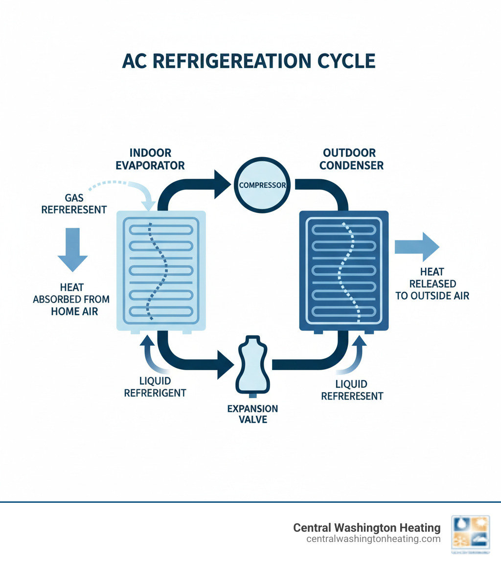 Infographic showing the AC refrigeration cycle with refrigerant moving from indoor evaporator coil to outdoor condenser coil, changing from liquid to gas to absorb and release heat - AC refrigerant leak infographic 