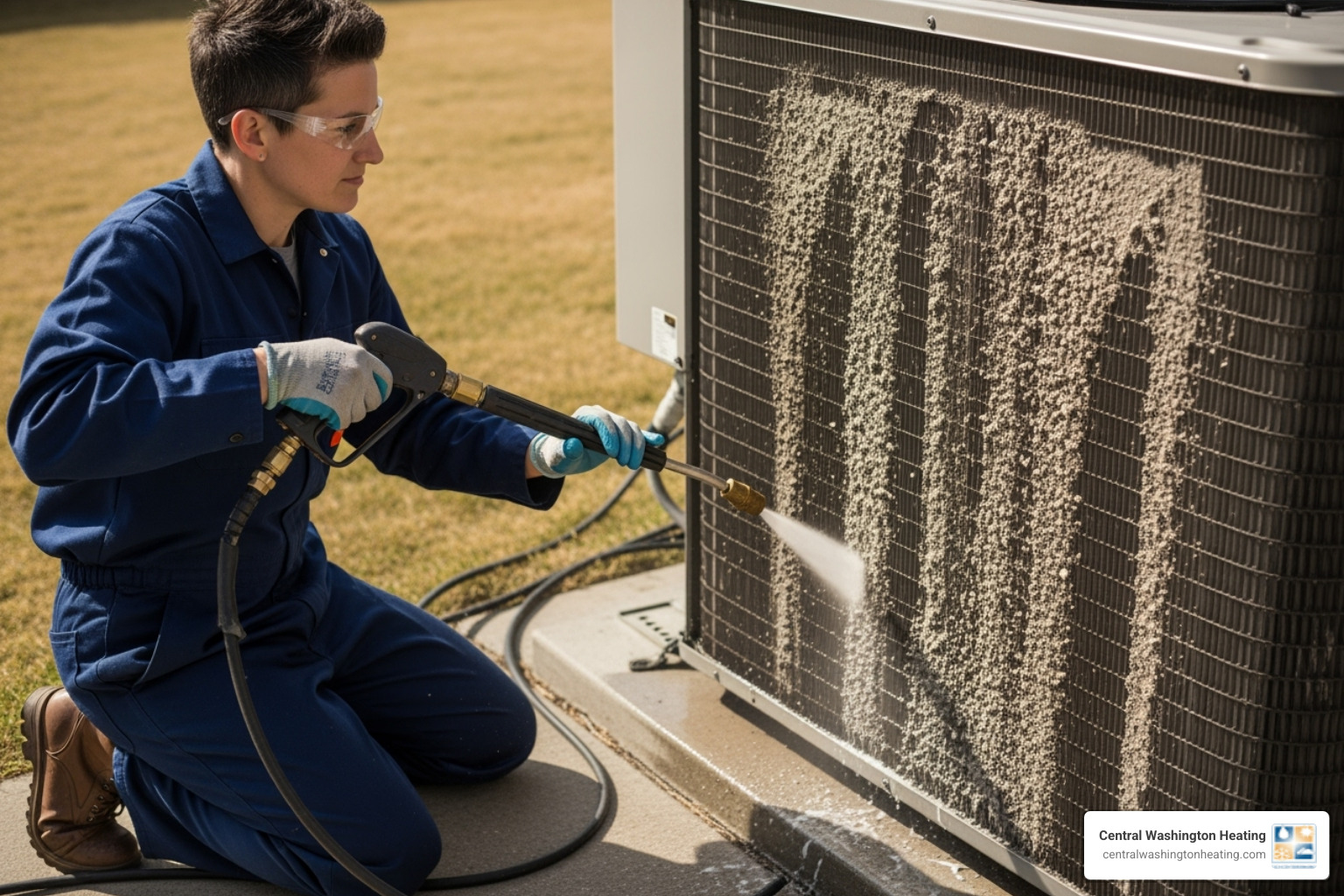 A professional HVAC technician cleaning a very dirty AC coil with specialized equipment - AC coil cleaning