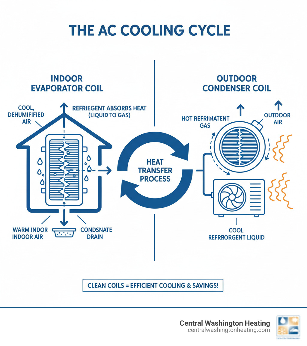 Infographic explaining the cooling cycle and the role of both coils - AC coil cleaning infographic 