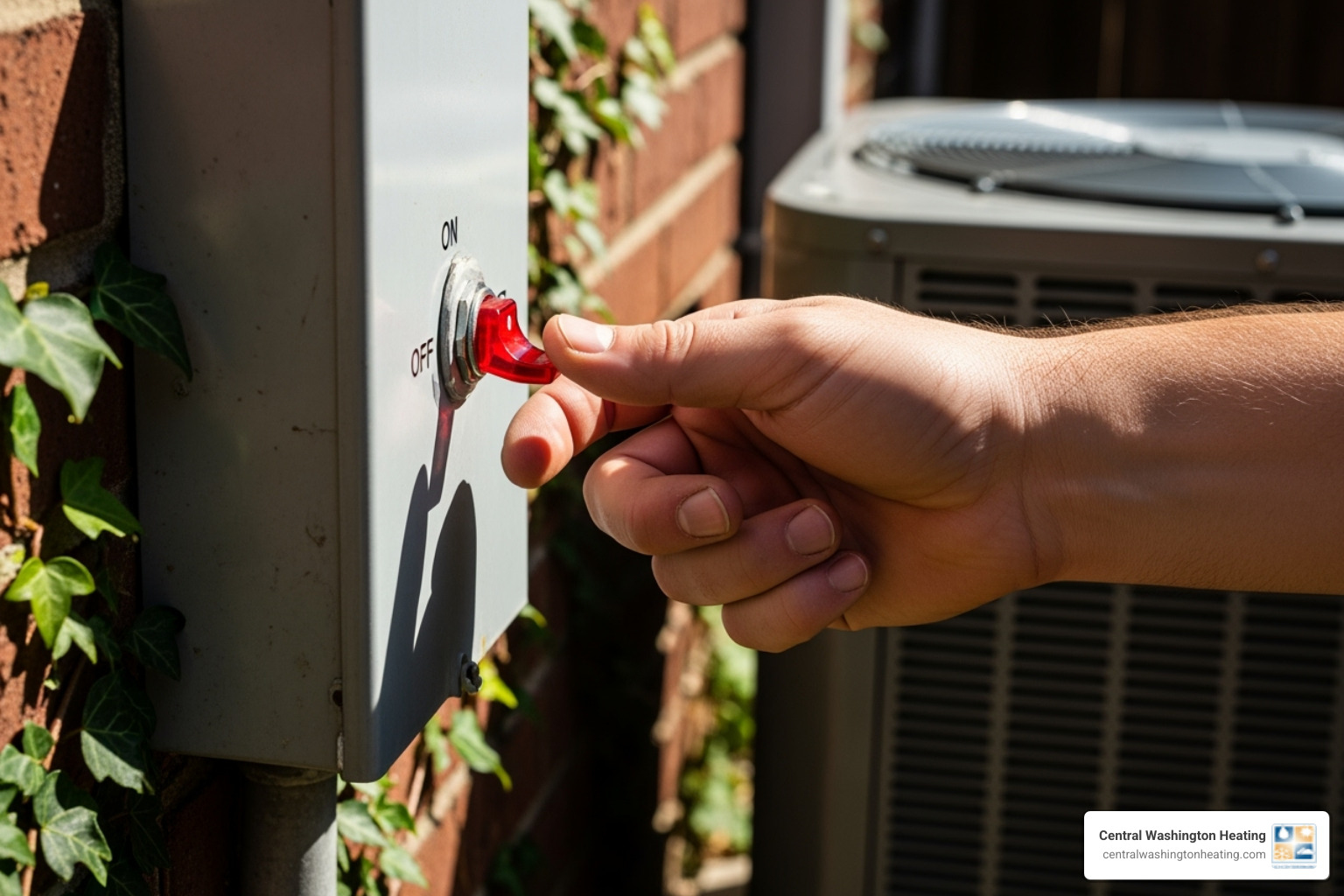 A person safely turning off the power at the outdoor AC disconnect box - AC coil cleaning