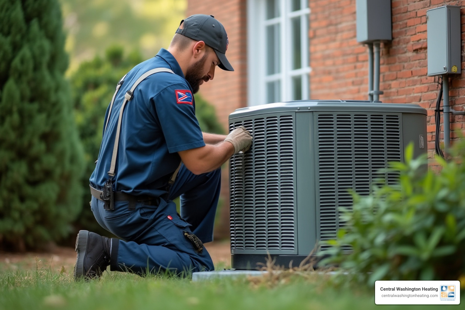 Technician performing maintenance on an outdoor condenser unit - Certified AC technicians