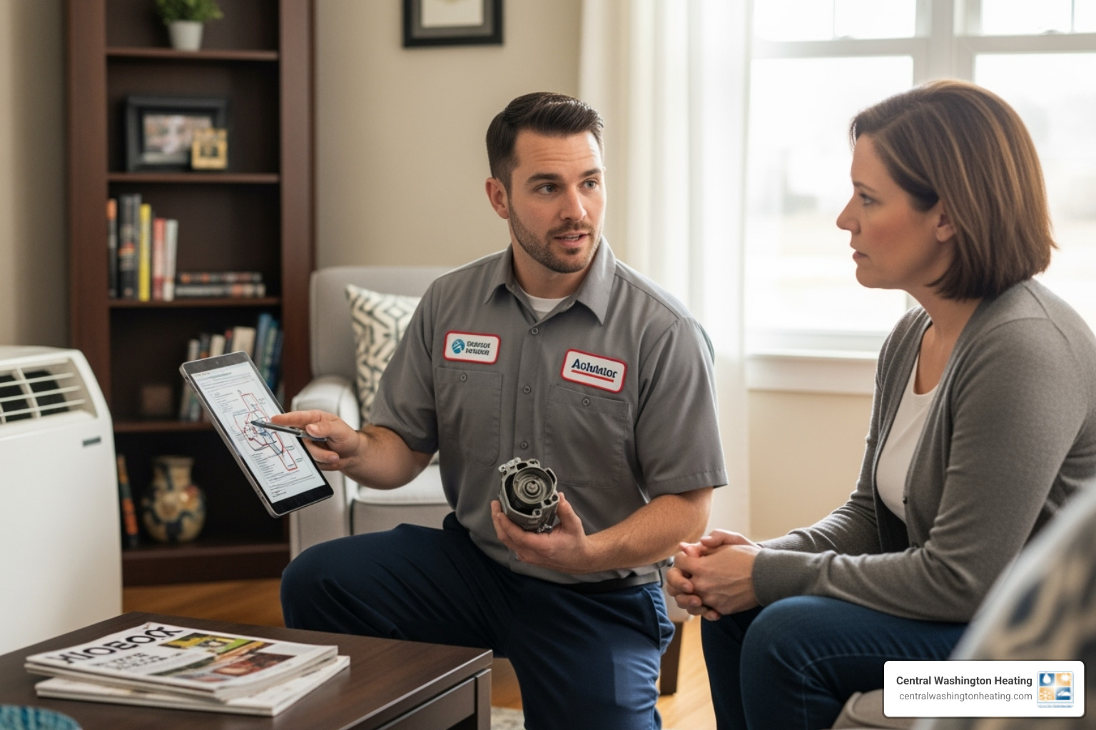 Technician explaining AC repair to homeowner - Certified AC technicians