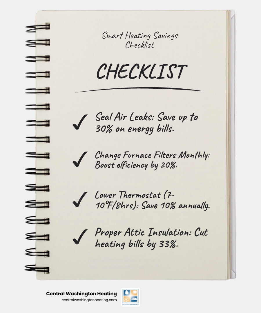 infographic showing home energy usage breakdown with heating and cooling taking up 50% of total energy use, followed by water heating at 18%, appliances at 15%, lighting at 12%, and other uses at 5% - Save on heating infographic checklist-notebook