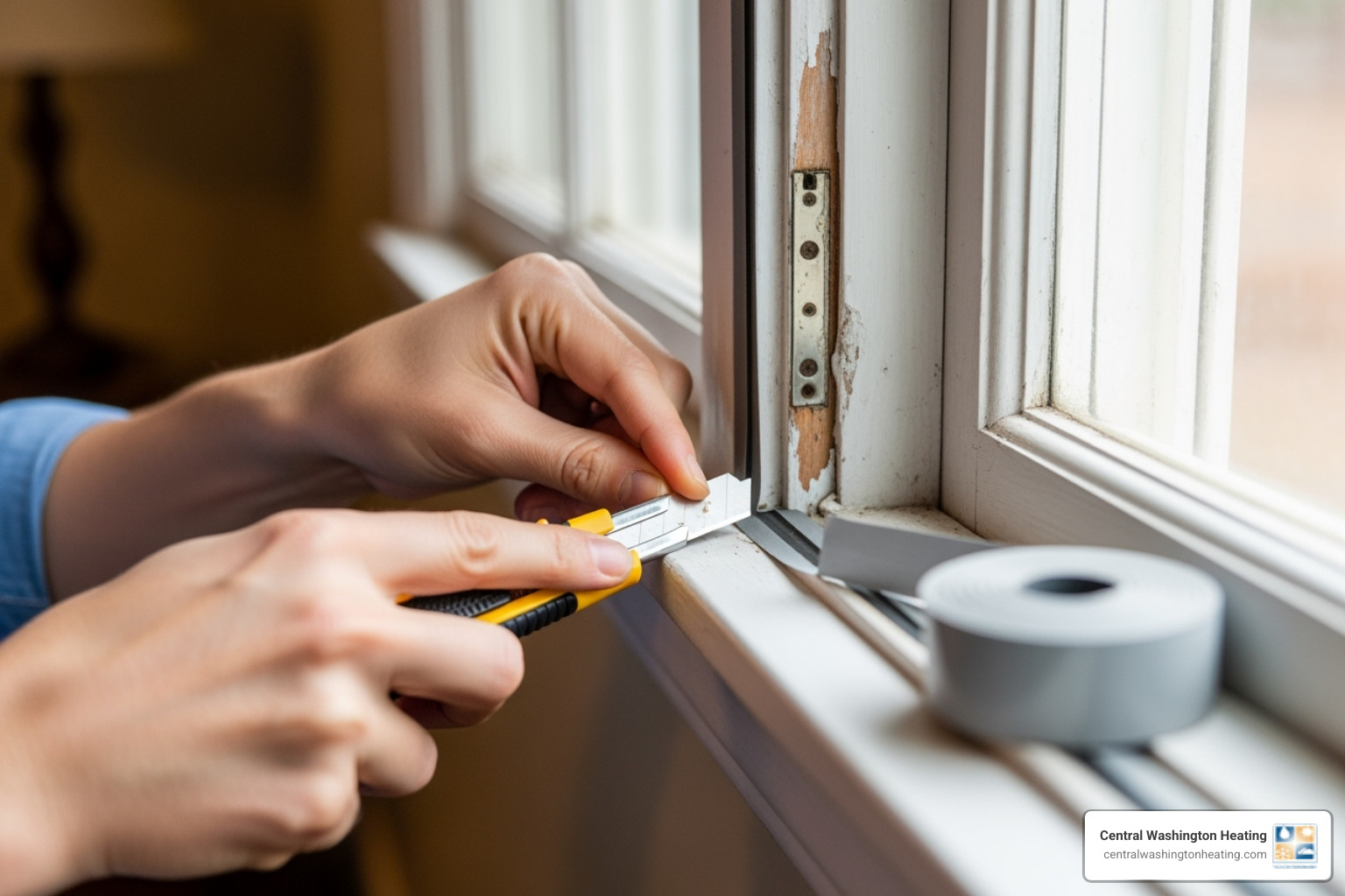 person applying weatherstripping to a window - Save on heating