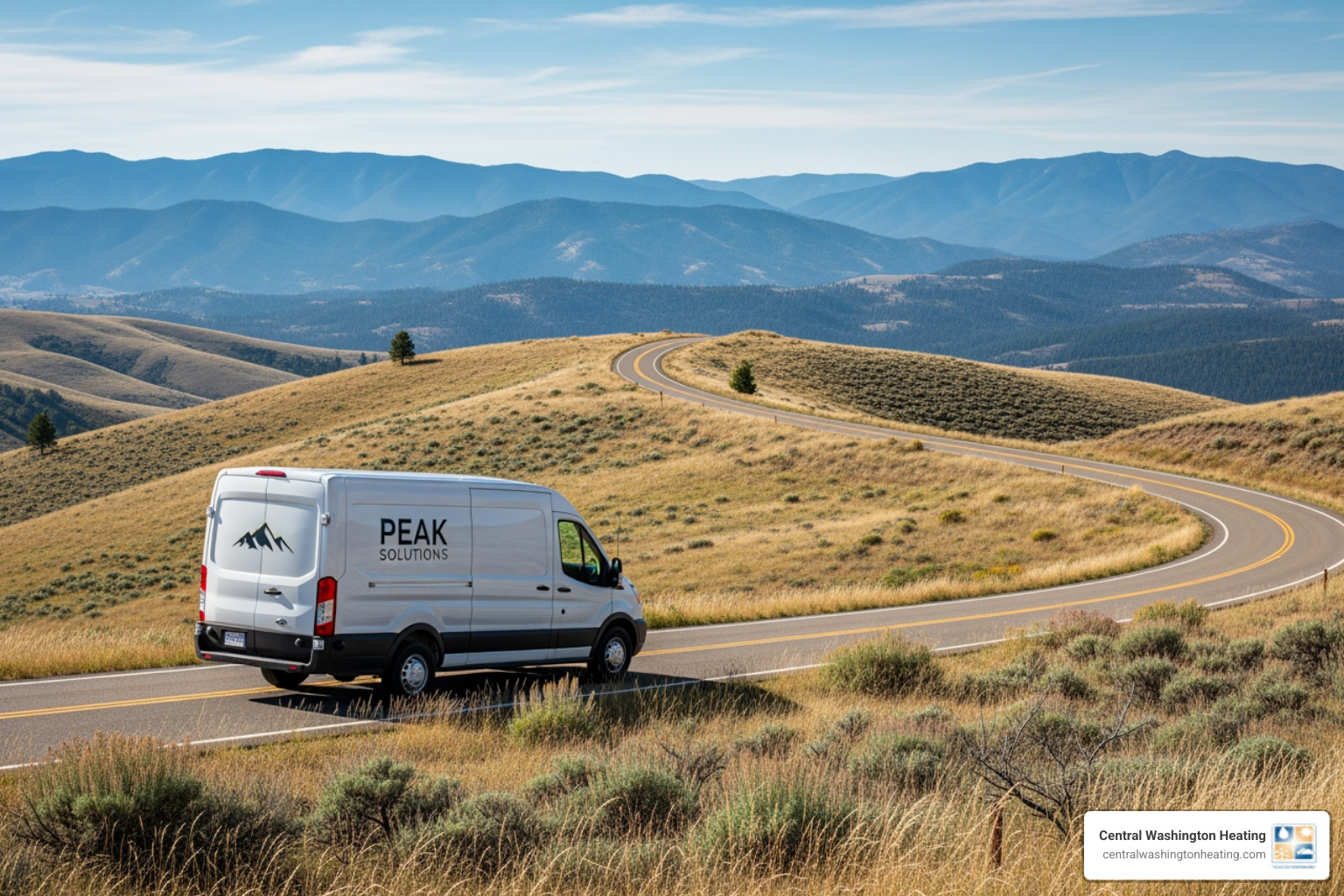 Service van driving through a scenic, high-elevation area near Waterville, WA - 24/7 heat pump repair in waterville, wa Service van driving through a scenic, high-elevation area near Waterville, WA - 24/7 heat pump repair in waterville, wa