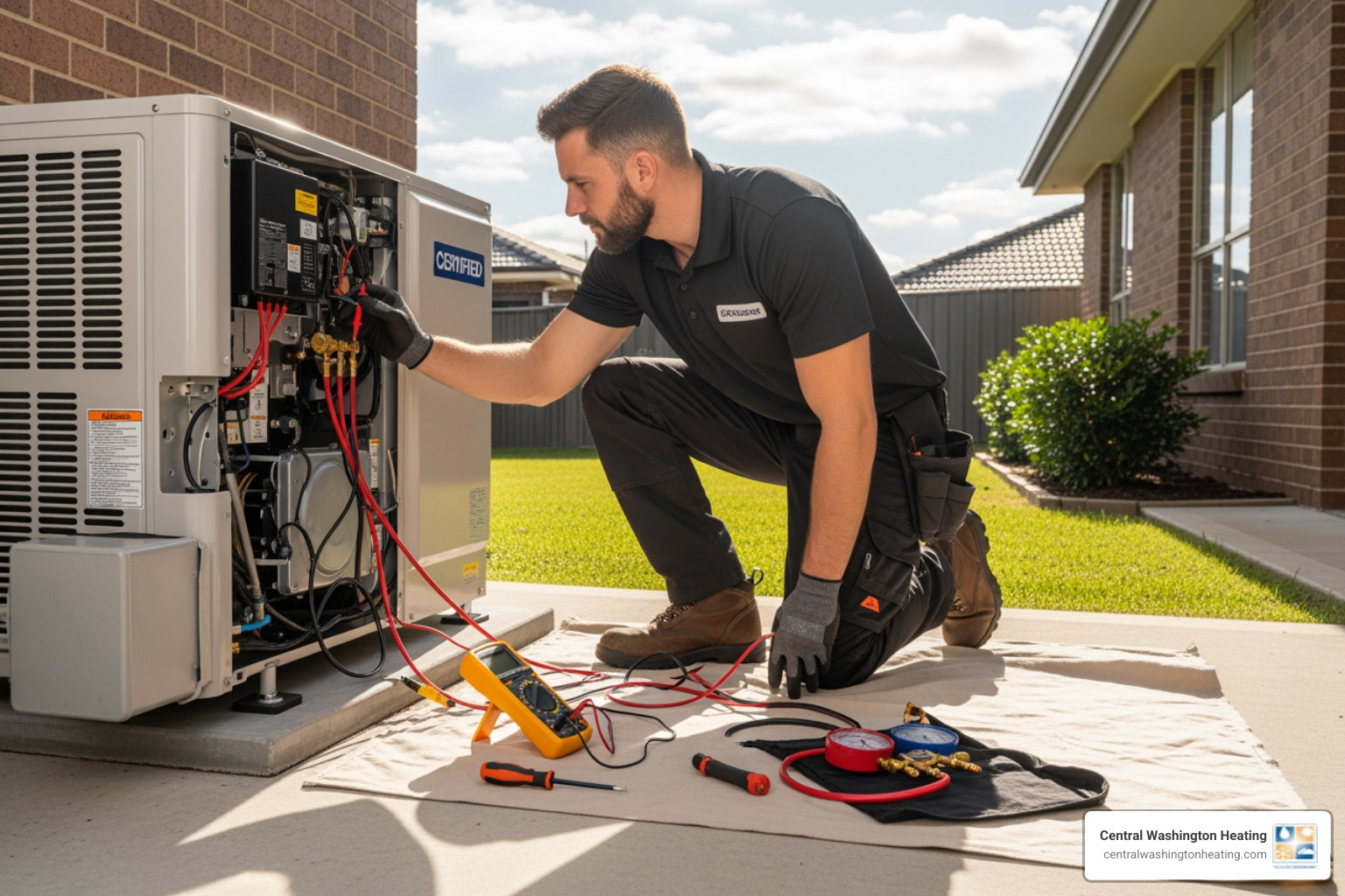 Certified technician diagnosing a heat pump unit - 24/7 heat pump repair in waterville, wa Certified technician diagnosing a heat pump unit - 24/7 heat pump repair in waterville, wa