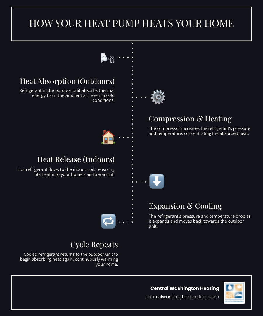 infographic showing the heat pump heating cycle with labeled components including outdoor coil extracting heat from cold air, compressor, reversing valve, and indoor coil releasing warm air, plus common failure points like dirty filters, blocked outdoor units, low refrigerant, and faulty reversing valves - heat pump blowing cold air in chelan, wa infographic infographic-line-5-steps-dark