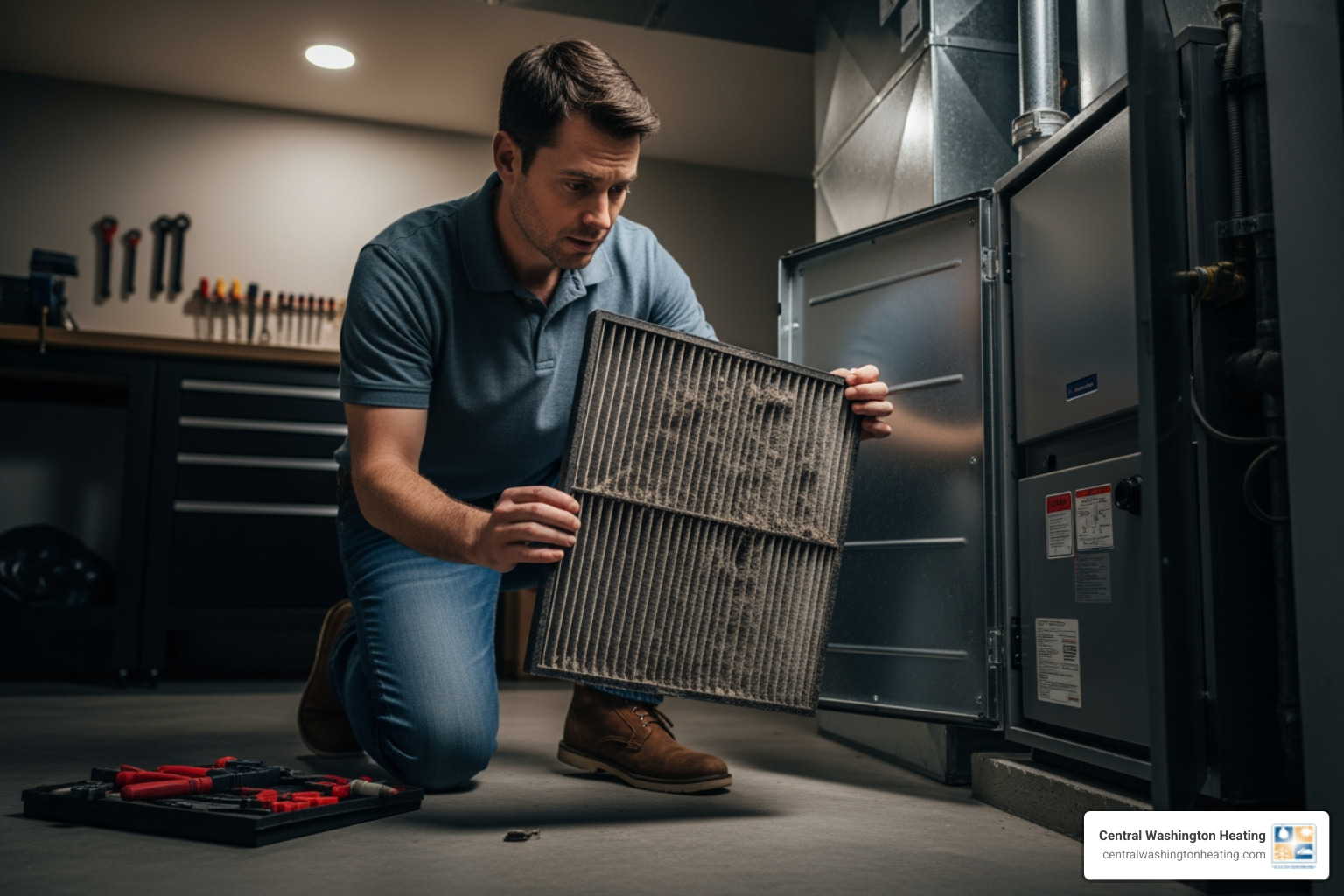 image of a homeowner inspecting a dirty air filter in their HVAC system - heat pump blowing cold air in chelan, wa
