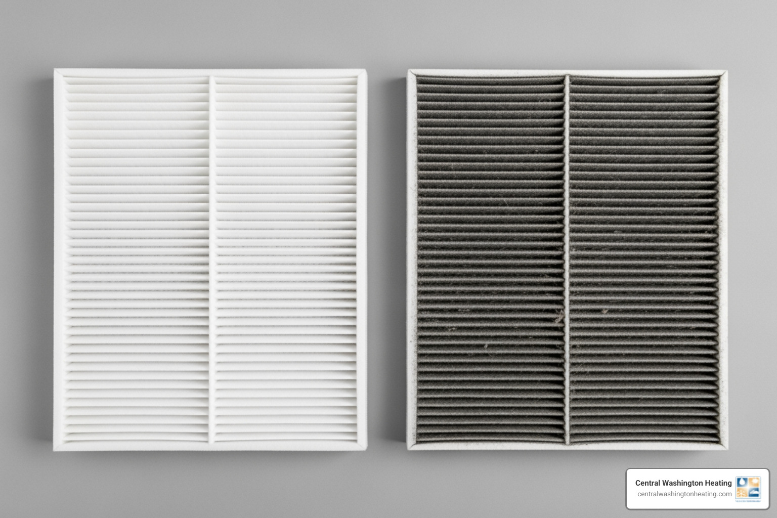 A clean air filter positioned next to a dirty, clogged air filter, highlighting the importance of regular filter changes - heat pump maintenance in leavenworth, wa