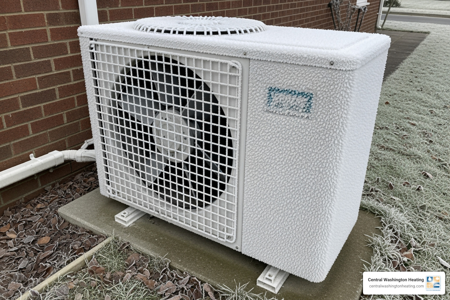 A frosted-over outdoor heat pump unit, indicating a potential issue with the defrost cycle or other malfunctions - heat pump repair in ardenvoir, wa