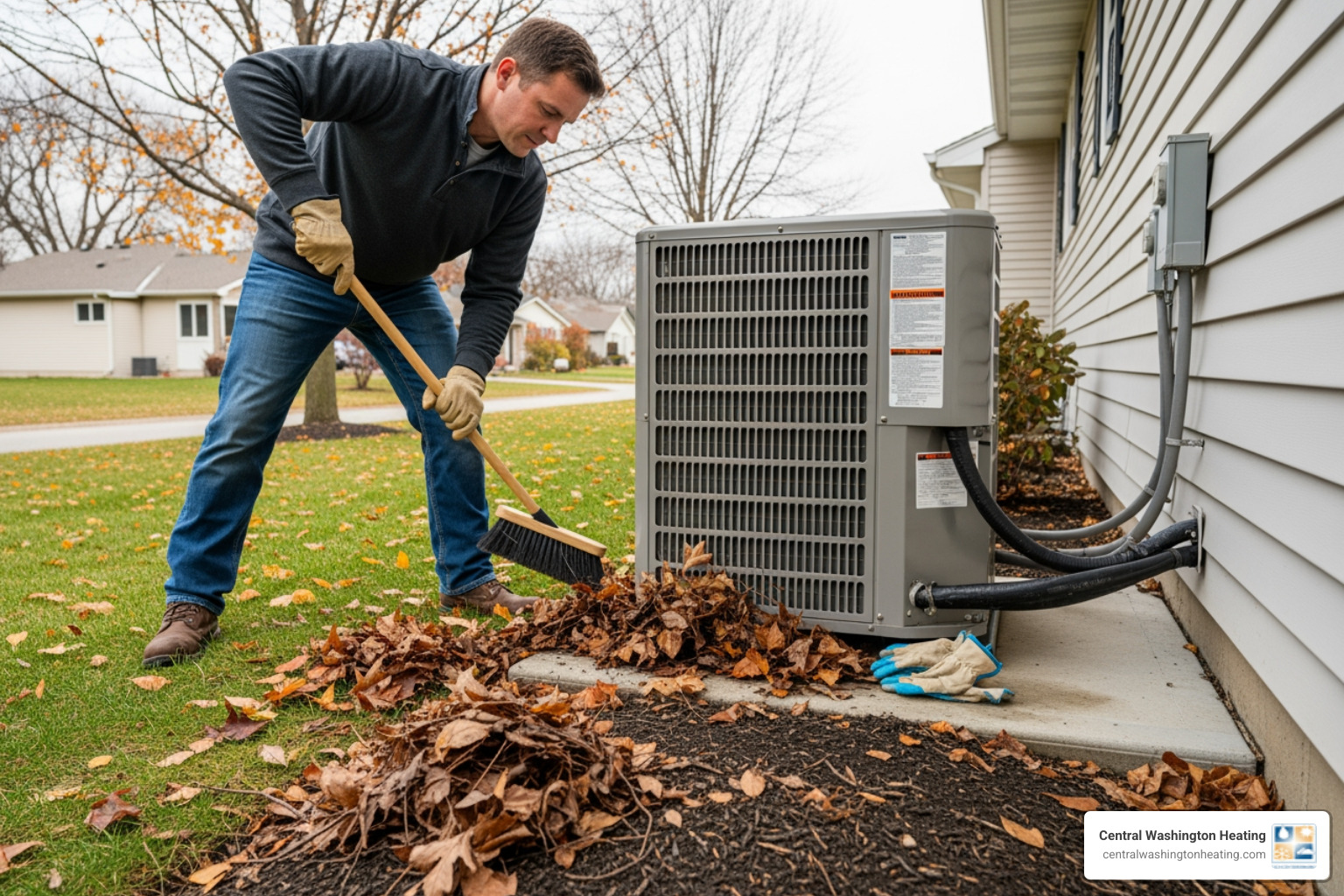 A homeowner clearing leaves and debris from an outdoor heat pump unit, illustrating proactive maintenance - heat pump repair in ardenvoir, wa
