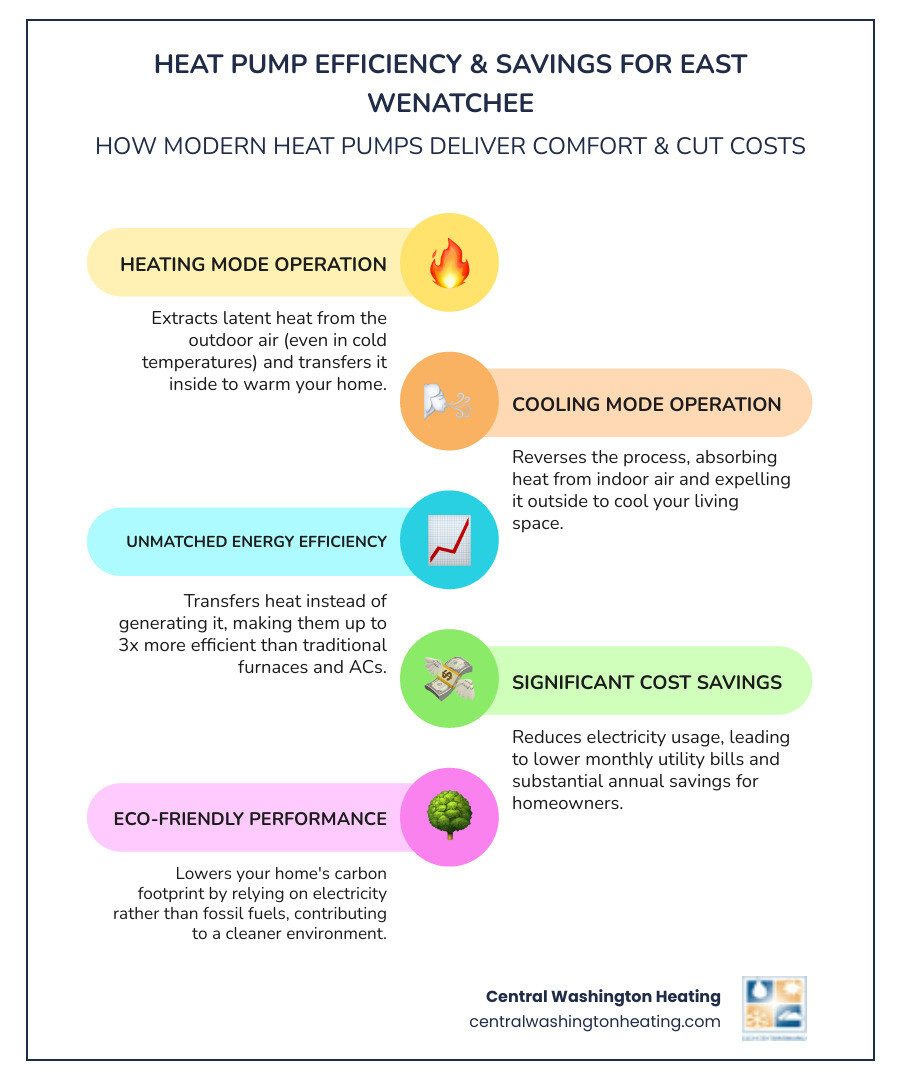 infographic showing heat pump operation in heating and cooling modes, with arrows indicating heat transfer direction, energy efficiency comparison to traditional systems, and annual cost savings breakdown for East Wenatchee homeowners - affordable heat pump installation in east wenatchee, wa infographic infographic-line-5-steps-colors