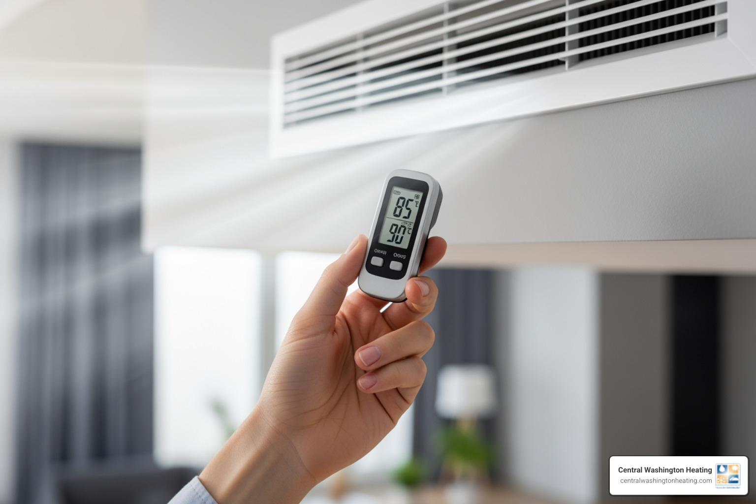 A homeowner feeling air from a vent, with a thermometer showing 85-90F - heat pump blowing cold air in manson, wa