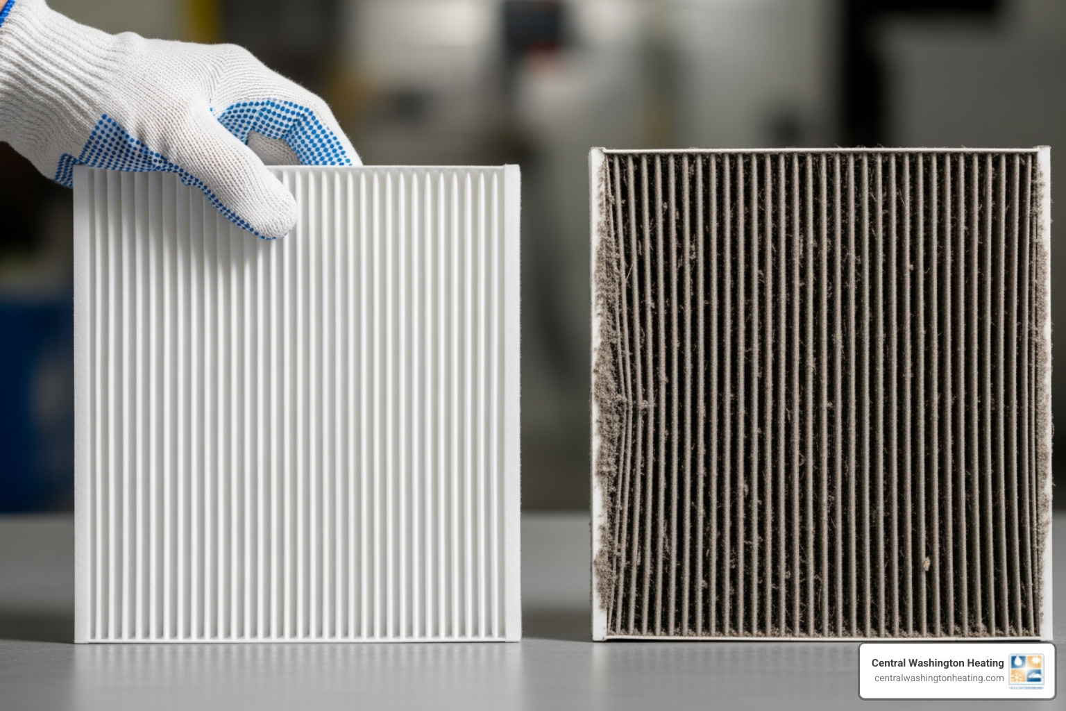 A person holding a clean air filter next to a dirty one - heat pump blowing cold air in manson, wa