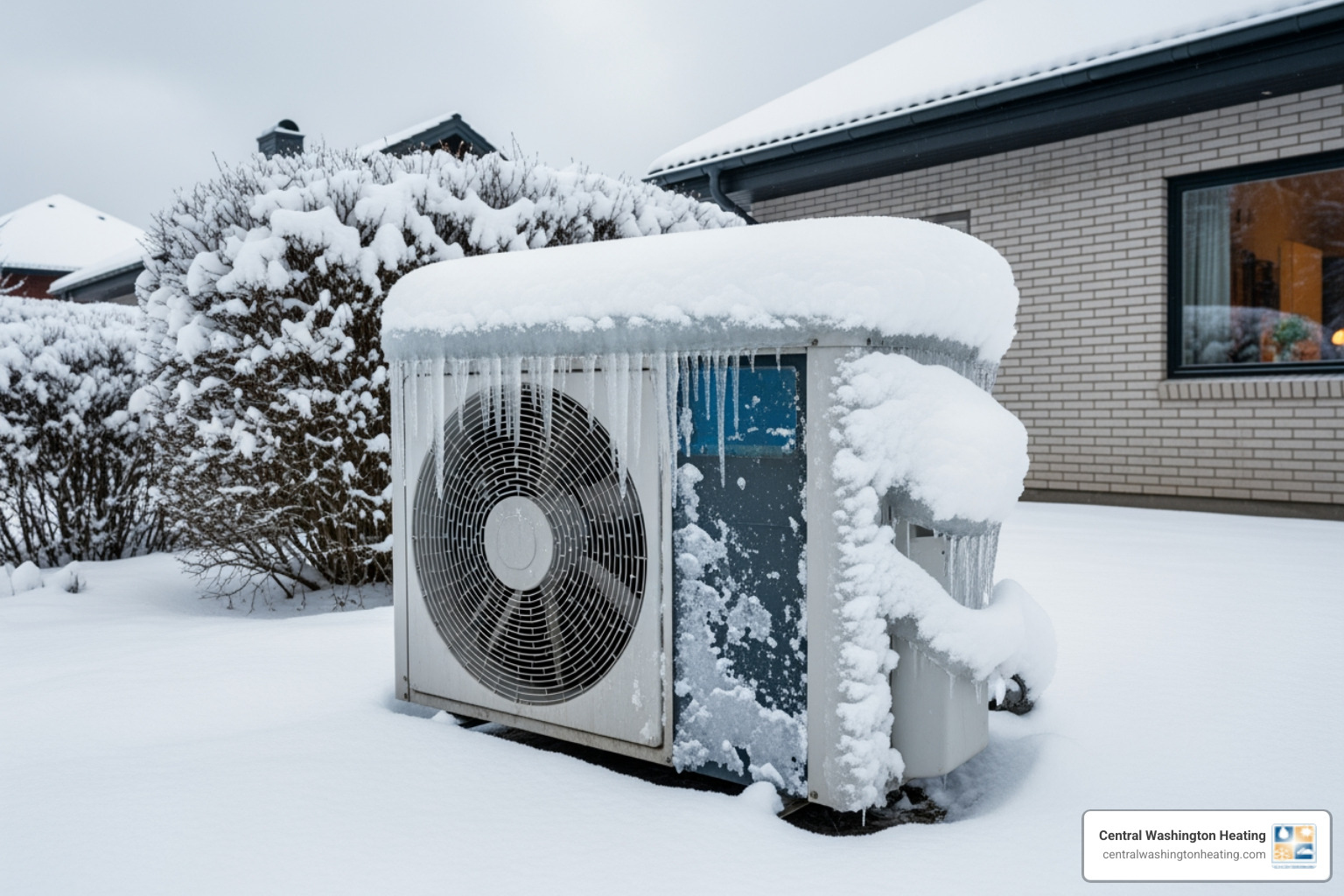 snow-covered heat pump unit - heat pump blowing cold air in cashmere, wa