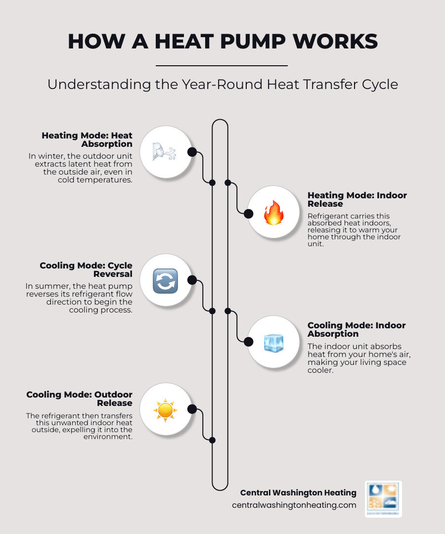 Infographic showing the heat pump cycle: outdoor unit extracts heat from air in winter and transfers it indoors through refrigerant lines to indoor unit; in summer the process reverses, removing heat from indoors and releasing it outside; includes labels for compressor, refrigerant flow direction, and indoor/outdoor coils - heat pump repair near me in malaga, wa infographic infographic-line-5-steps-elegant_beige Infographic showing the heat pump cycle: outdoor unit extracts heat from air in winter and transfers it indoors through refrigerant lines to indoor unit; in summer the process reverses, removing heat from indoors and releasing it outside; includes labels for compressor, refrigerant flow direction, and indoor/outdoor coils - heat pump repair near me in malaga, wa infographic infographic-line-5-steps-elegant_beige