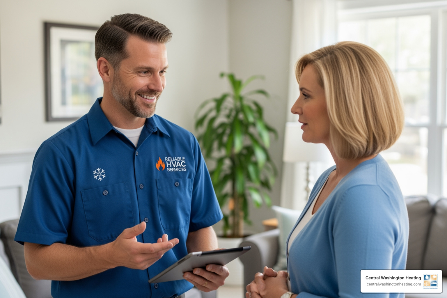 A friendly, professional HVAC technician smiling while holding a tablet, ready to assist a homeowner with scheduling or service. - heat pump repair near me in malaga, wa A friendly, professional HVAC technician smiling while holding a tablet, ready to assist a homeowner with scheduling or service. - heat pump repair near me in malaga, wa
