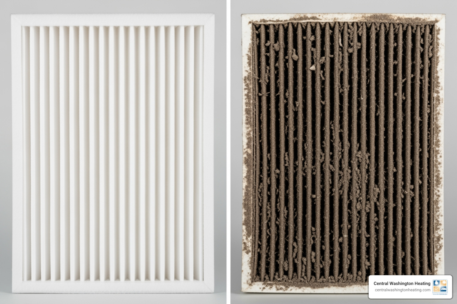 Image of a clean vs. a dirty furnace filter, side-by-side - furnace blowing cold air in east wenatchee, wa