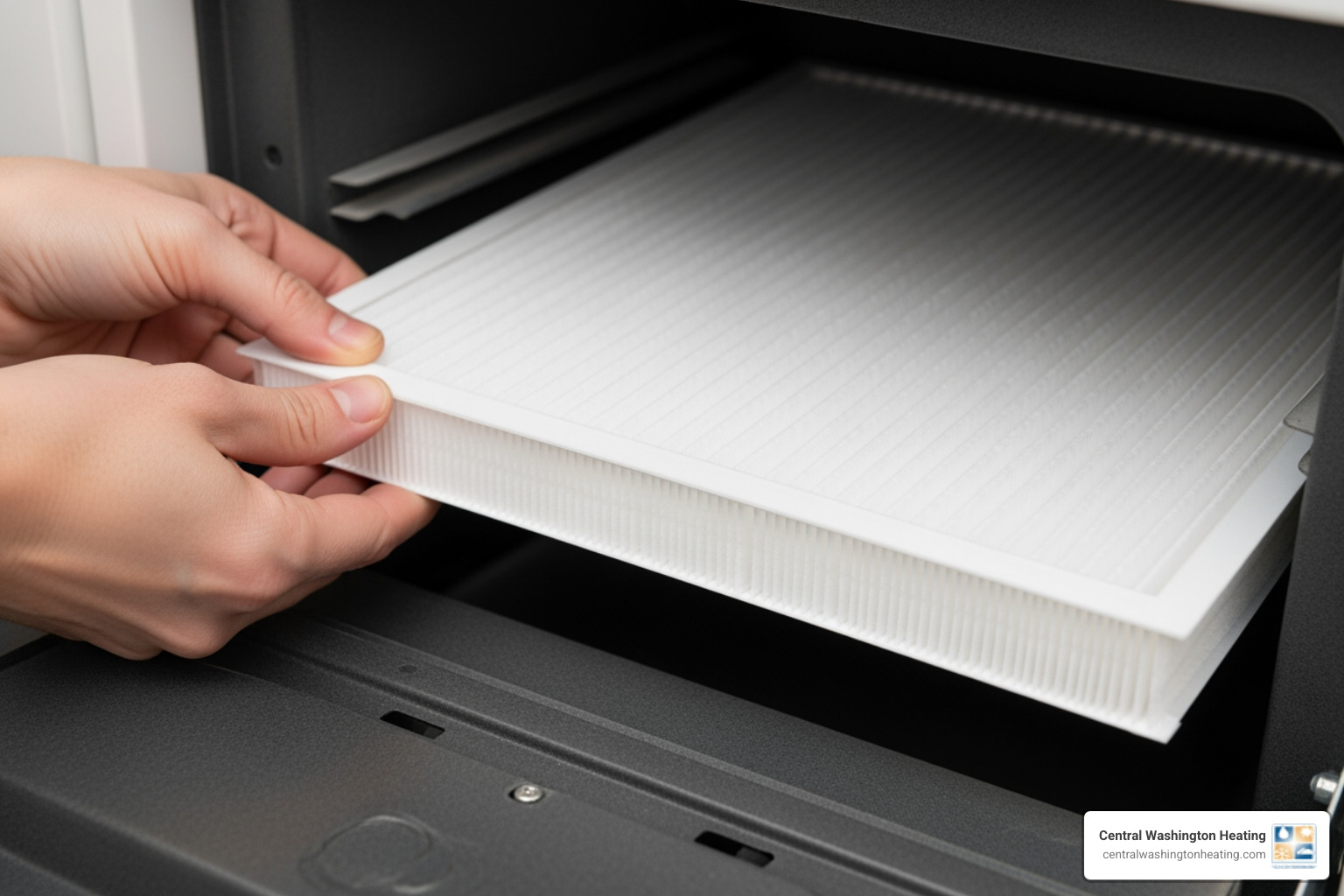 Person easily sliding a new, clean air filter into a furnace slot - heating blowing cold air in chelan, wa Person easily sliding a new, clean air filter into a furnace slot - heating blowing cold air in chelan, wa