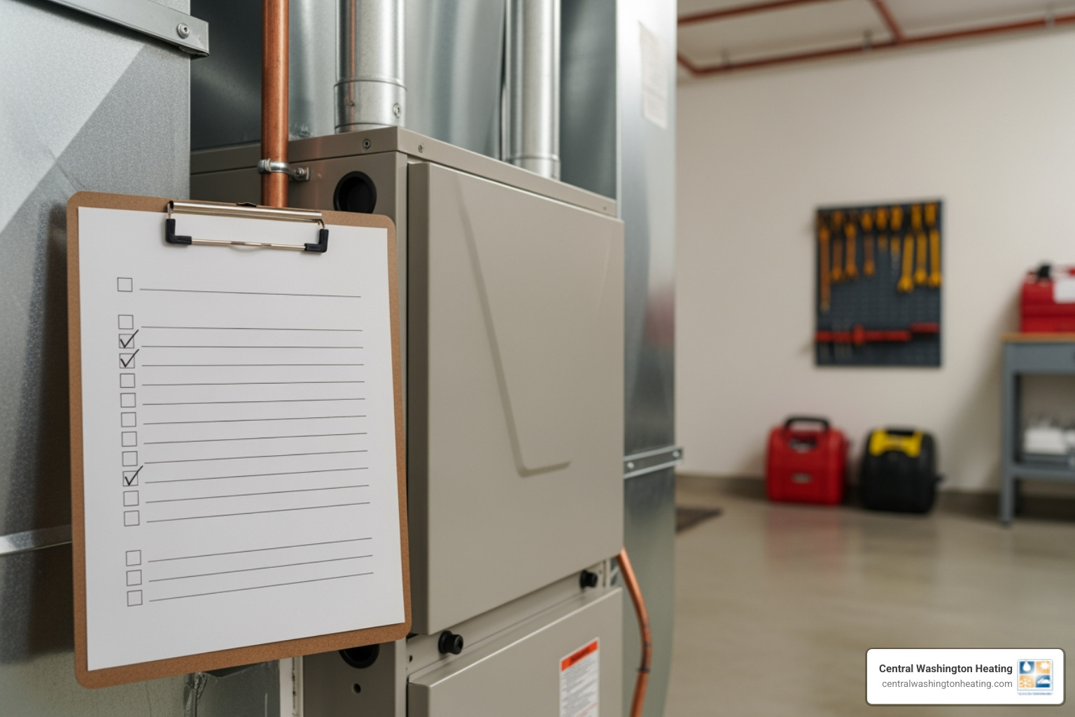 Checklist on a clipboard next to HVAC equipment - heating blowing cold air in chelan, wa Checklist on a clipboard next to HVAC equipment - heating blowing cold air in chelan, wa